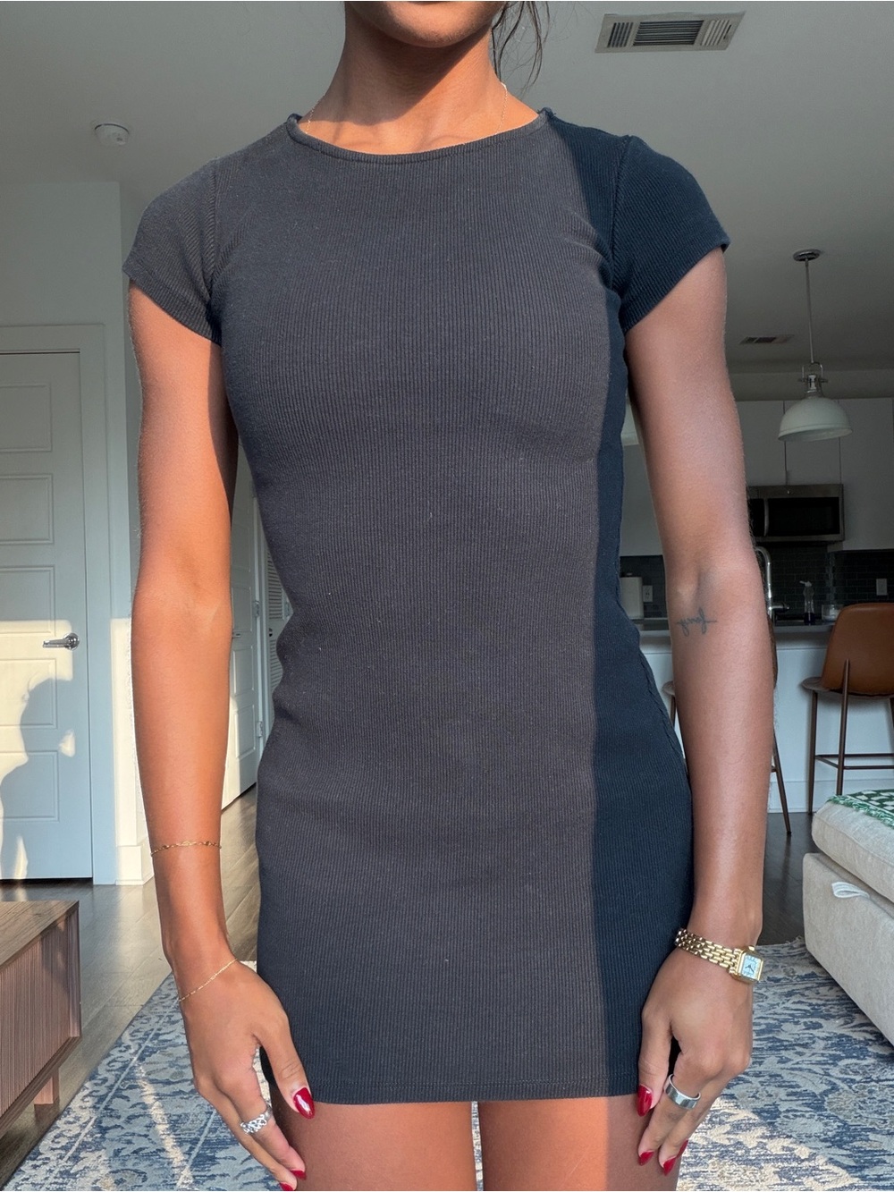 Princess Polly Black Ribbed Cap-Sleeve Bodycon Dress